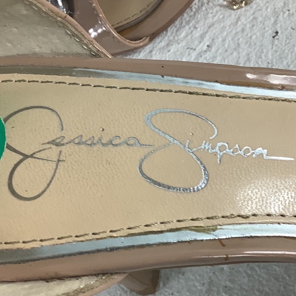 Jessica Simpson Nude Patent Rhinestone Ankle Strap Heels Womens Size 8M Tan - Picture 5 of 7